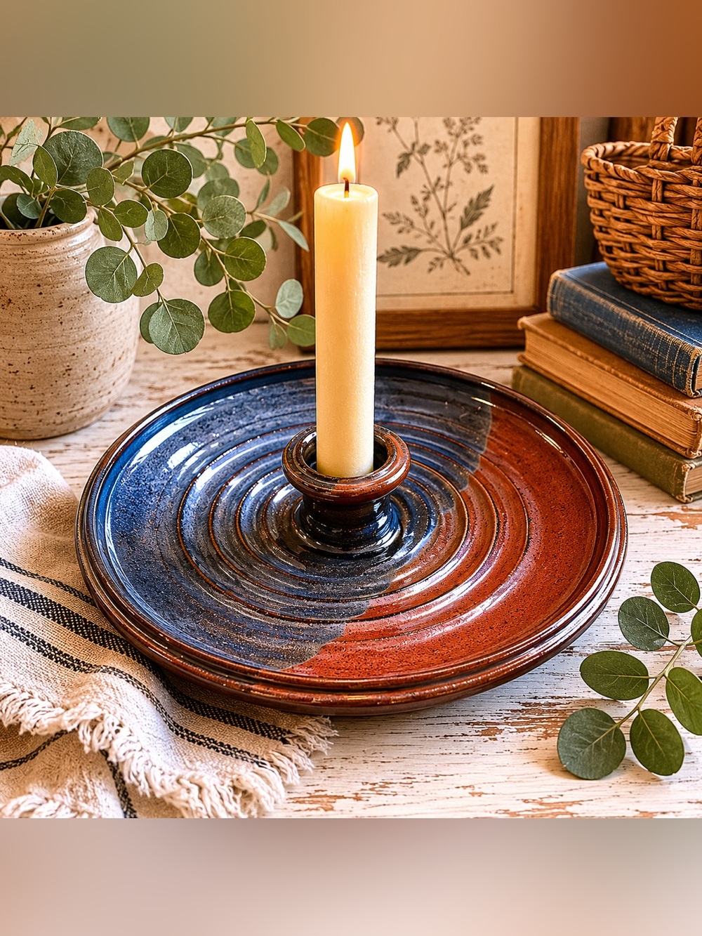 Handcrafted Studio Pottery Candle Holder Blue Brown Drip Glaze Stoneware